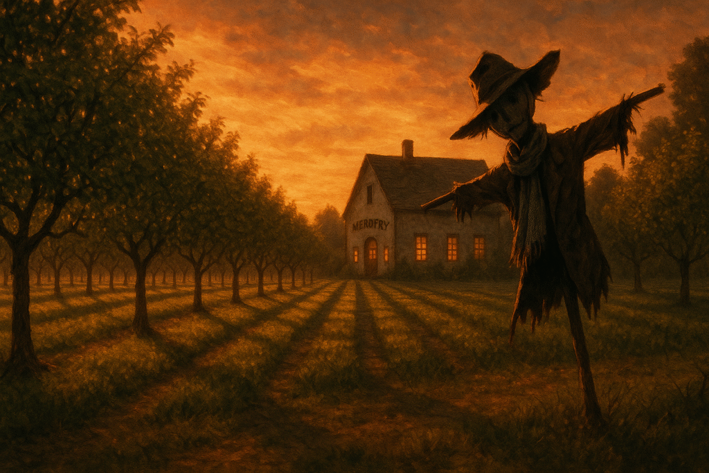A golden orchard at sunset with rows of trees and a scarfed scarecrow casting a long shadow, hinting at hidden menace near a rustic Meadery.