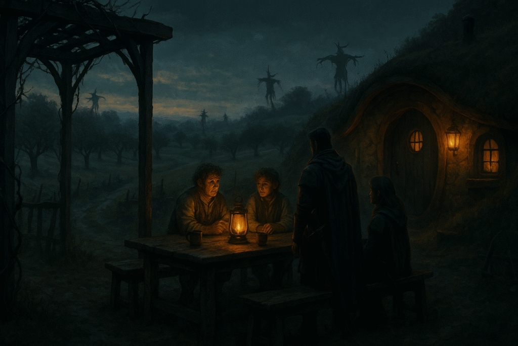 Adventurers seated with farmers at a rustic table in a dusk-lit orchard, with scarecrows looming in the misty fields beyond.